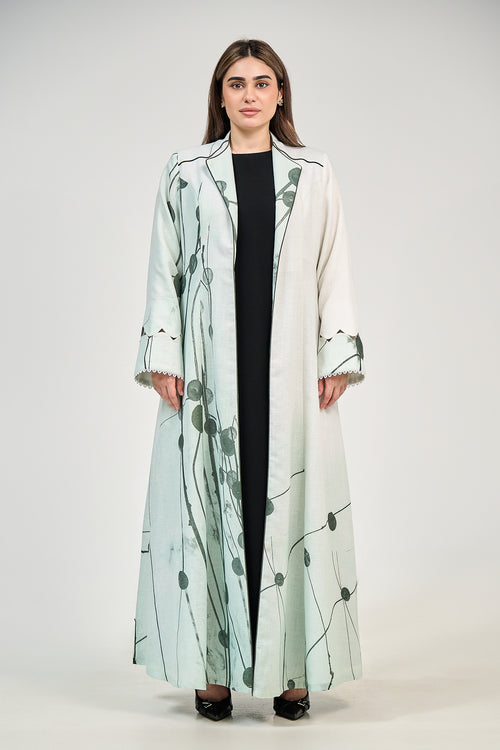 Abstract Botanical Print Abaya with Elegant Open Front