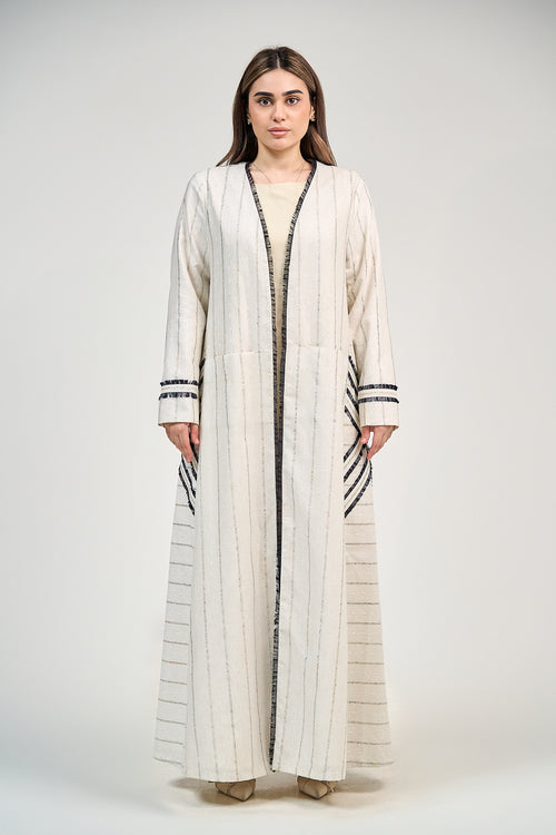 Striped Linen Abaya with Contrast Trim Detailing