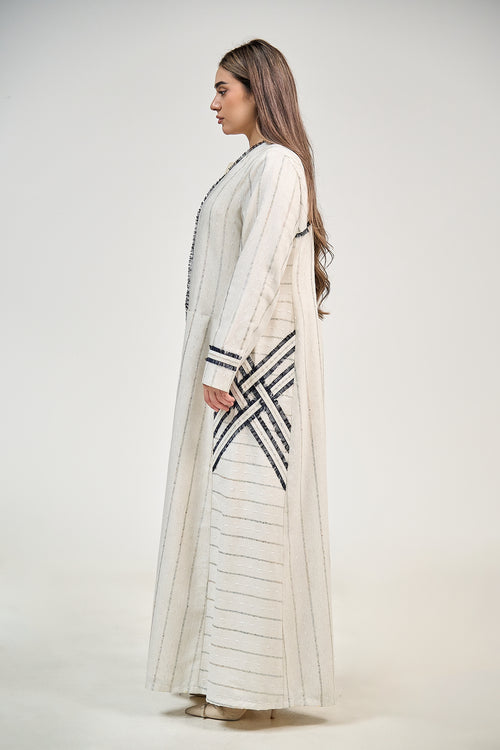 Striped Linen Abaya with Contrast Trim Detailing – hover image
