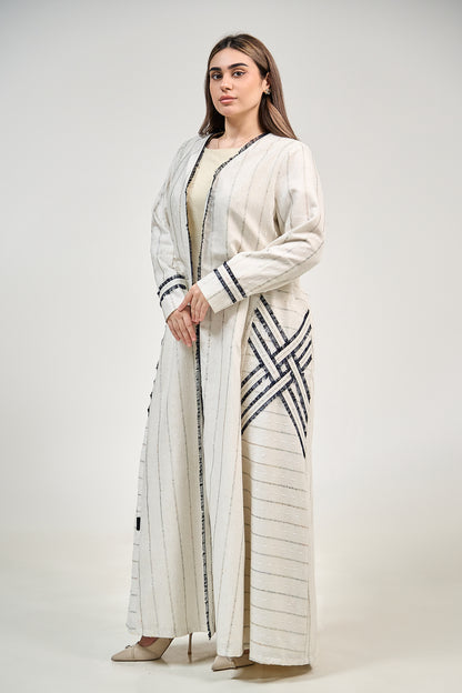Striped Linen Abaya with Contrast Trim Detailing