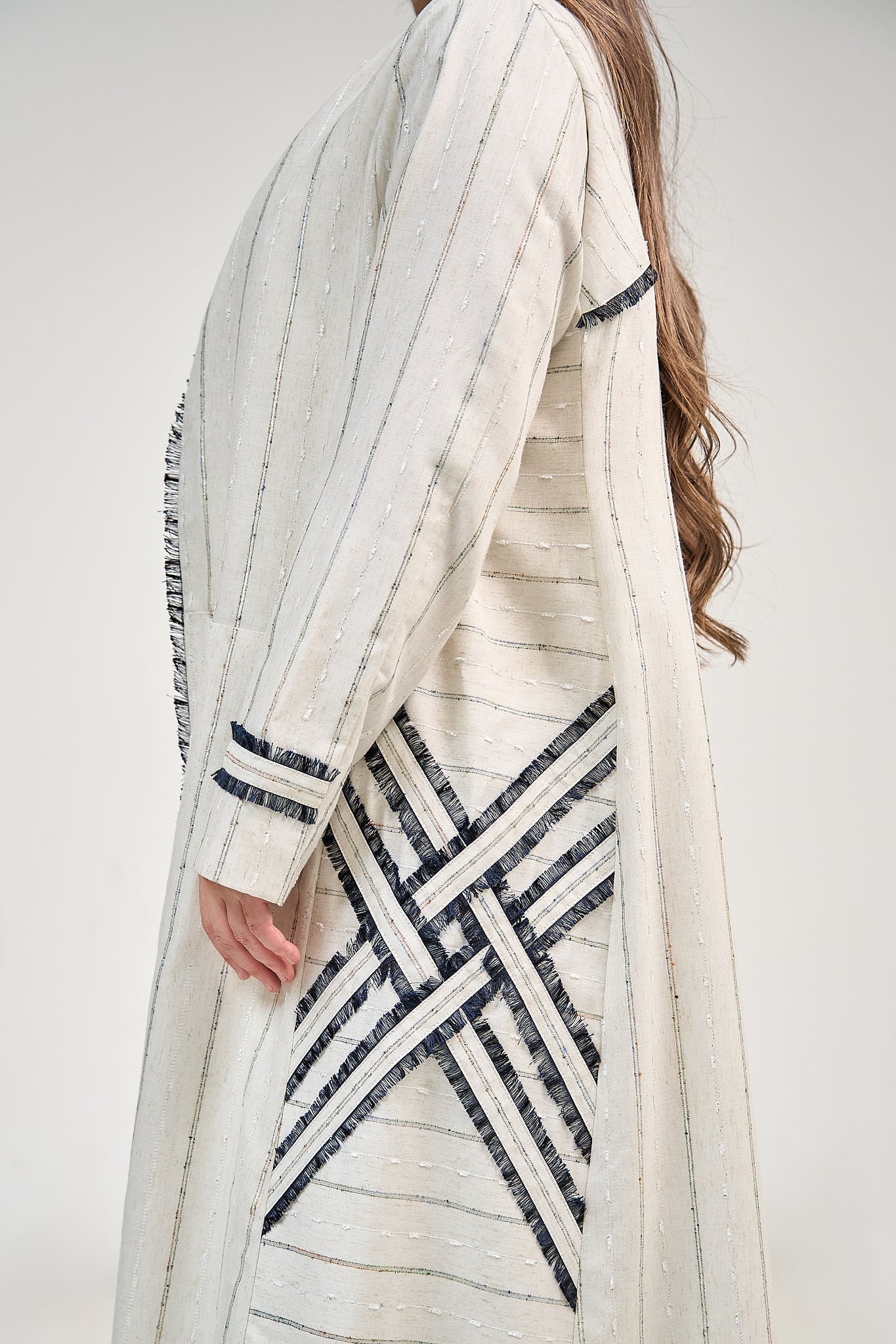 Striped Linen Abaya with Contrast Trim Detailing