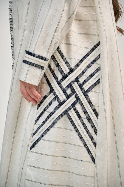 Striped Linen Abaya with Contrast Trim Detailing