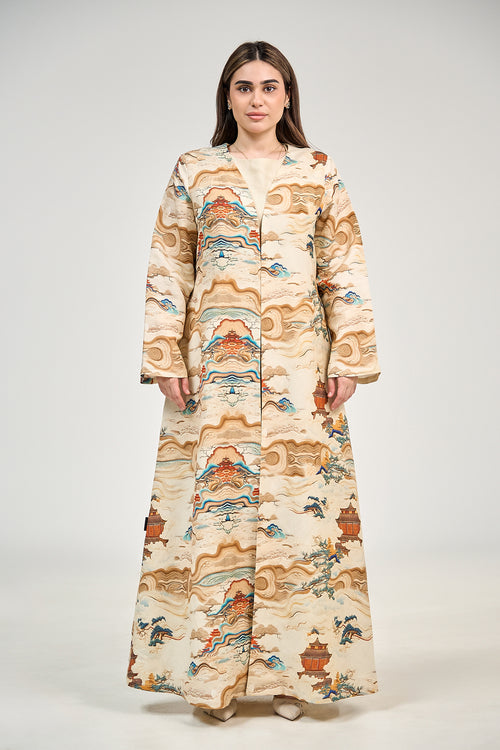 Artistic Landscape Print Abaya with Minimalist Silhouette