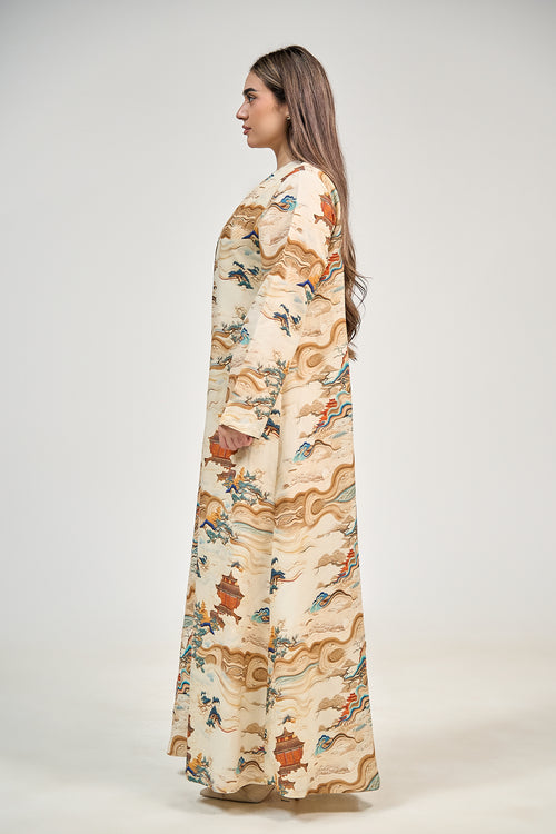 Artistic Landscape Print Abaya with Minimalist Silhouette – hover image