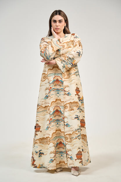 Artistic Landscape Print Abaya with Minimalist Silhouette
