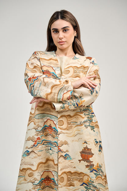 Artistic Landscape Print Abaya with Minimalist Silhouette