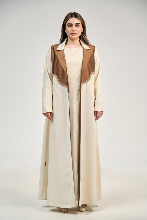 Contrast Lapel Linen Abaya with Elegant Embellished Detail
