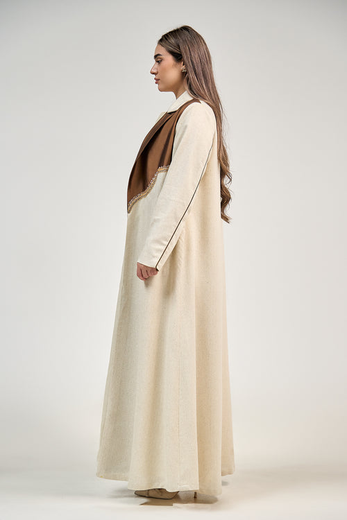 Contrast Lapel Linen Abaya with Elegant Embellished Detail – hover image