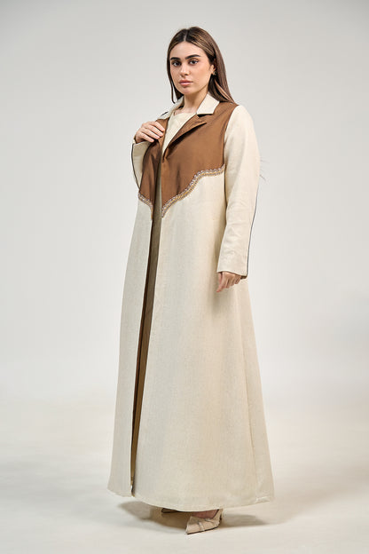 Contrast Lapel Linen Abaya with Elegant Embellished Detail