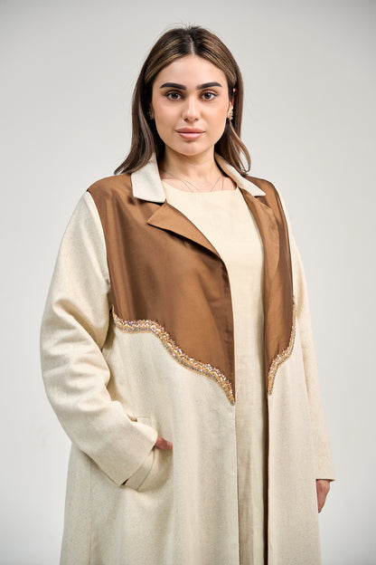 Contrast Lapel Linen Abaya with Elegant Embellished Detail