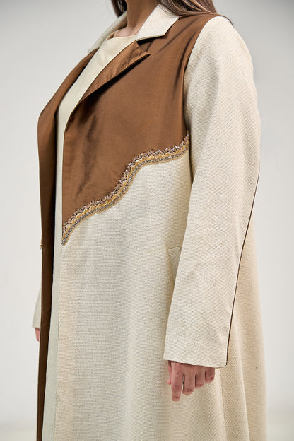 Contrast Lapel Linen Abaya with Elegant Embellished Detail