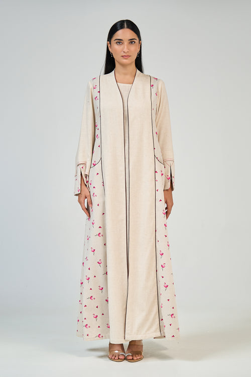 Flamingo Accent Linen Abaya with Contrast Paneling