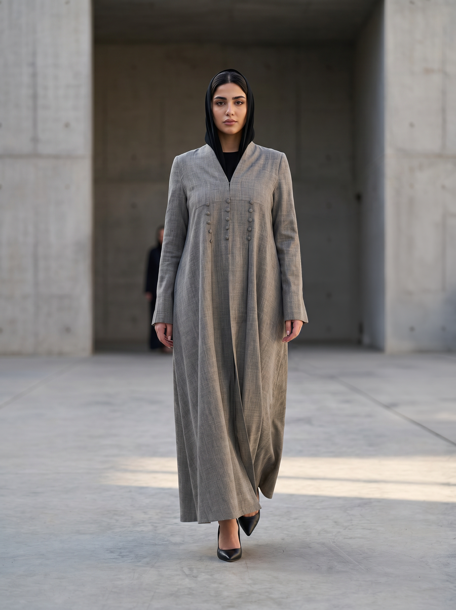 Soft Linen-Blend Grey Pleated Abaya with Structured Button Panel