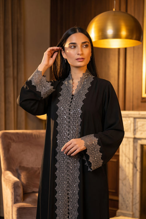 Midnight Silver Lace Abaya – hover image