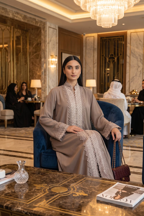 Taupe Lace Elegance Abaya – hover image