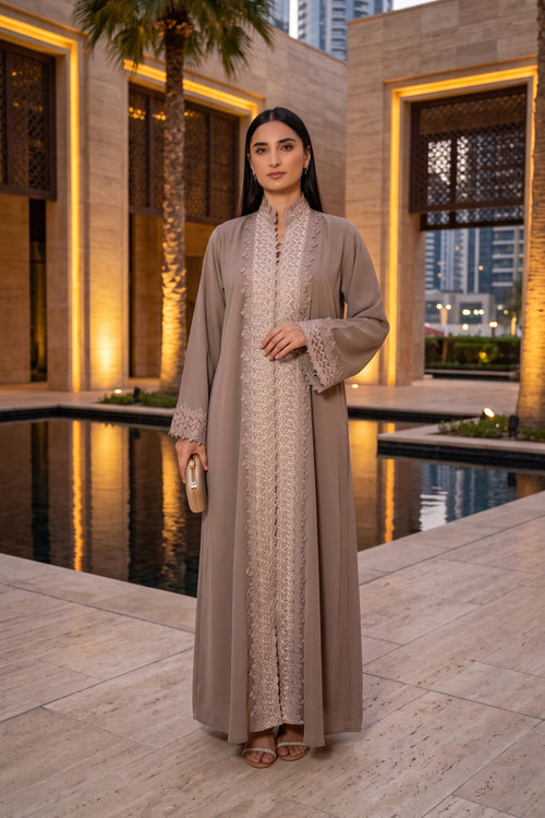 Taupe Lace Elegance Abaya