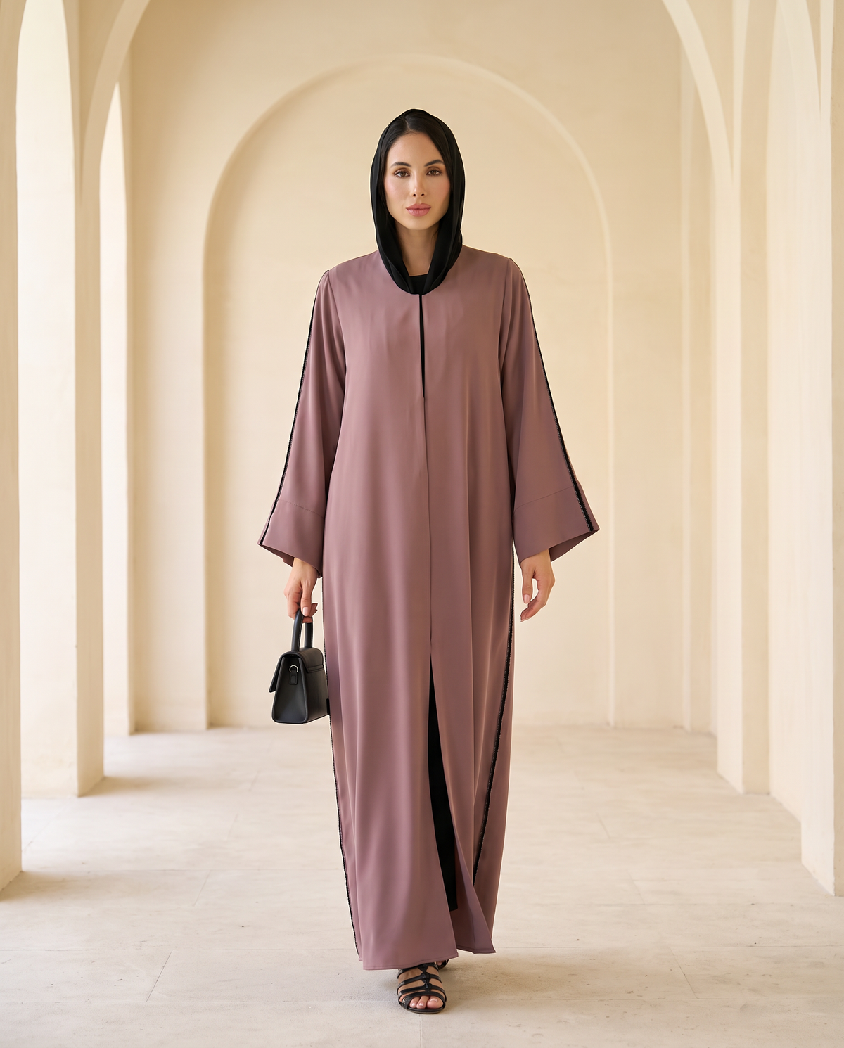 Rose gold Modern Abaya with Contrast Trim and Wide Sleeves