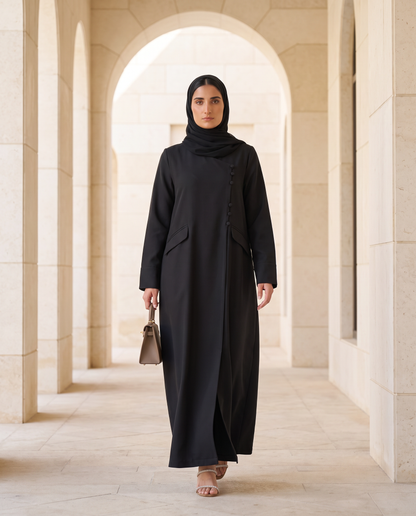 Black Structure Abaya with Asymmetric Button Detail