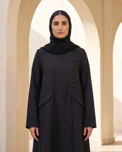 Black Structure Abaya with Asymmetric Button Detail