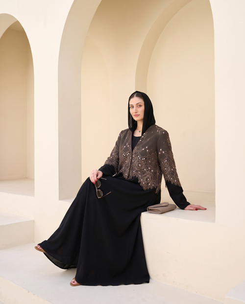Layered Abaya with Embellished Brown Lace Overlay – hover image