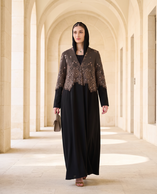 Layered Abaya with Embellished Brown Lace Overlay