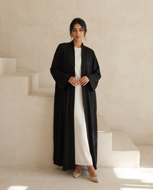 Black Classic Open Abaya with Piping Detail