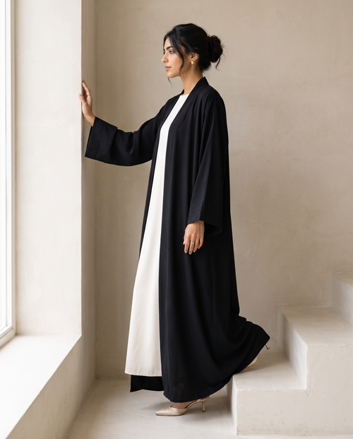 Black Classic Open Abaya with Piping Detail – hover image