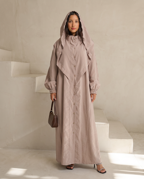 Hooded Button Down Modern Streetwear Beige Abaya