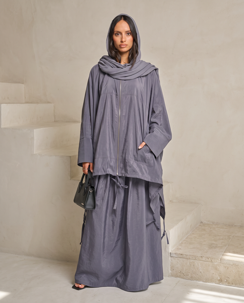 Modest Streetwear Gray Abaya Set with Zip Jacket and Skirt