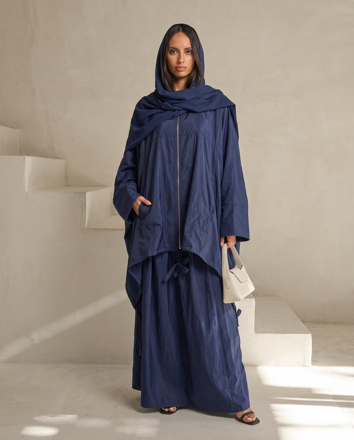 Modest Streetwear Blue Abaya Set with Zip Jacket and Skirt