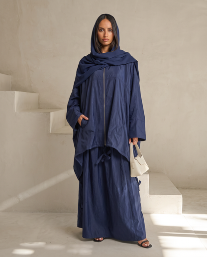 Modest Streetwear Blue Abaya Set with Zip Jacket and Skirt