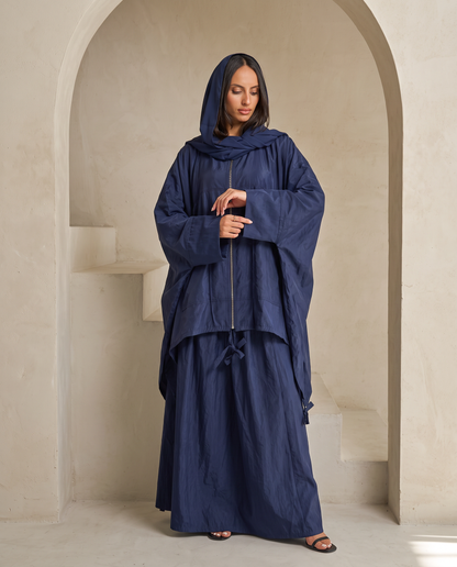 Modest Streetwear Blue Abaya Set with Zip Jacket and Skirt