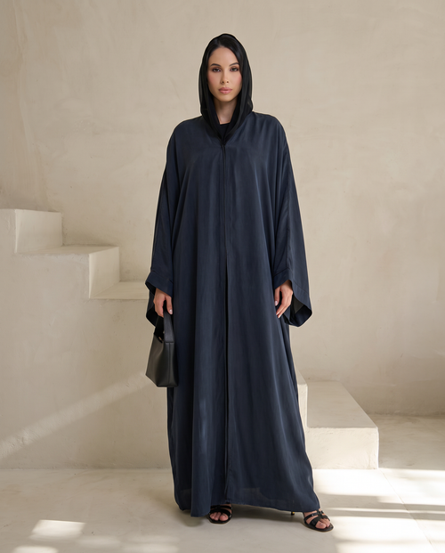 Kimono Style Dark Navy Abaya with Wide Sleeves and Fluid Silhouette