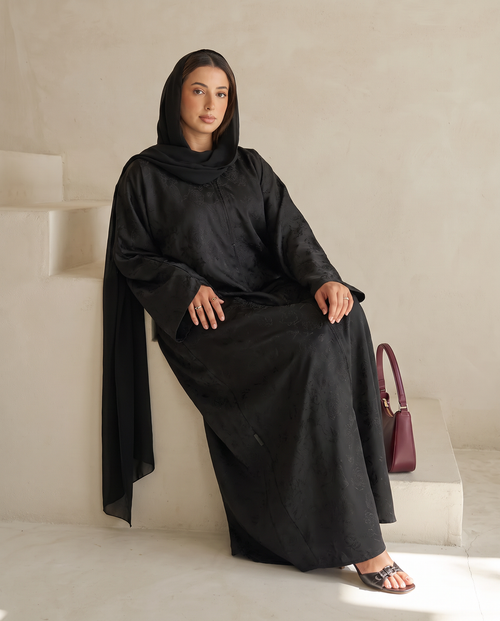 Black Textured Abaya with Subtle Floral Detailing – hover image