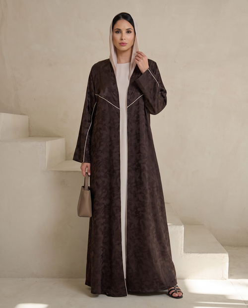 Jacquard Flow Open Abaya with Contrast Piping Detail