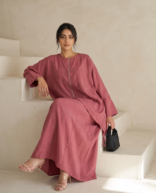 Modest Streetwear Red Abaya Set with Zip Jacket and Skirt – hover image