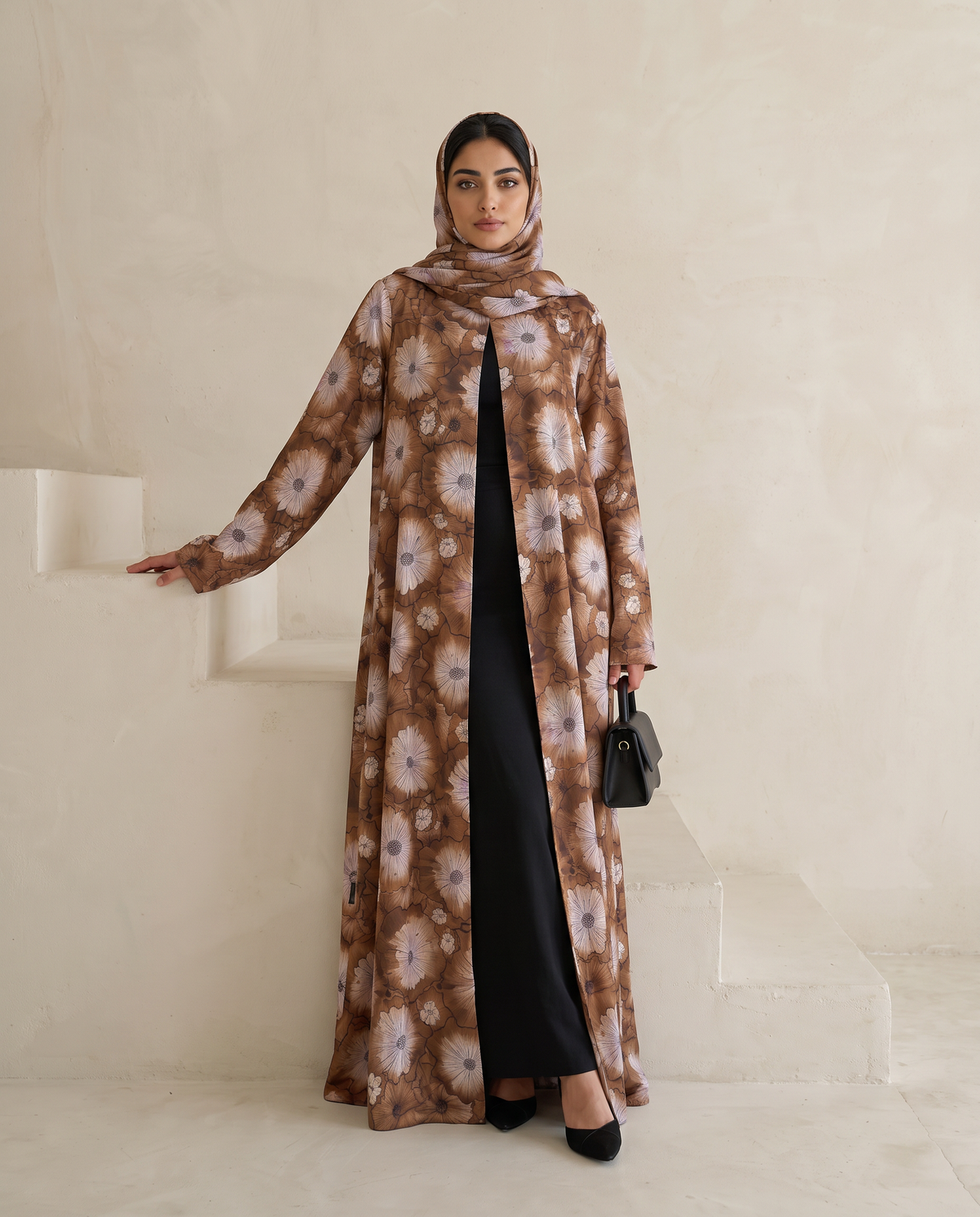 Bloom Brown Floral Crepe Open Abaya