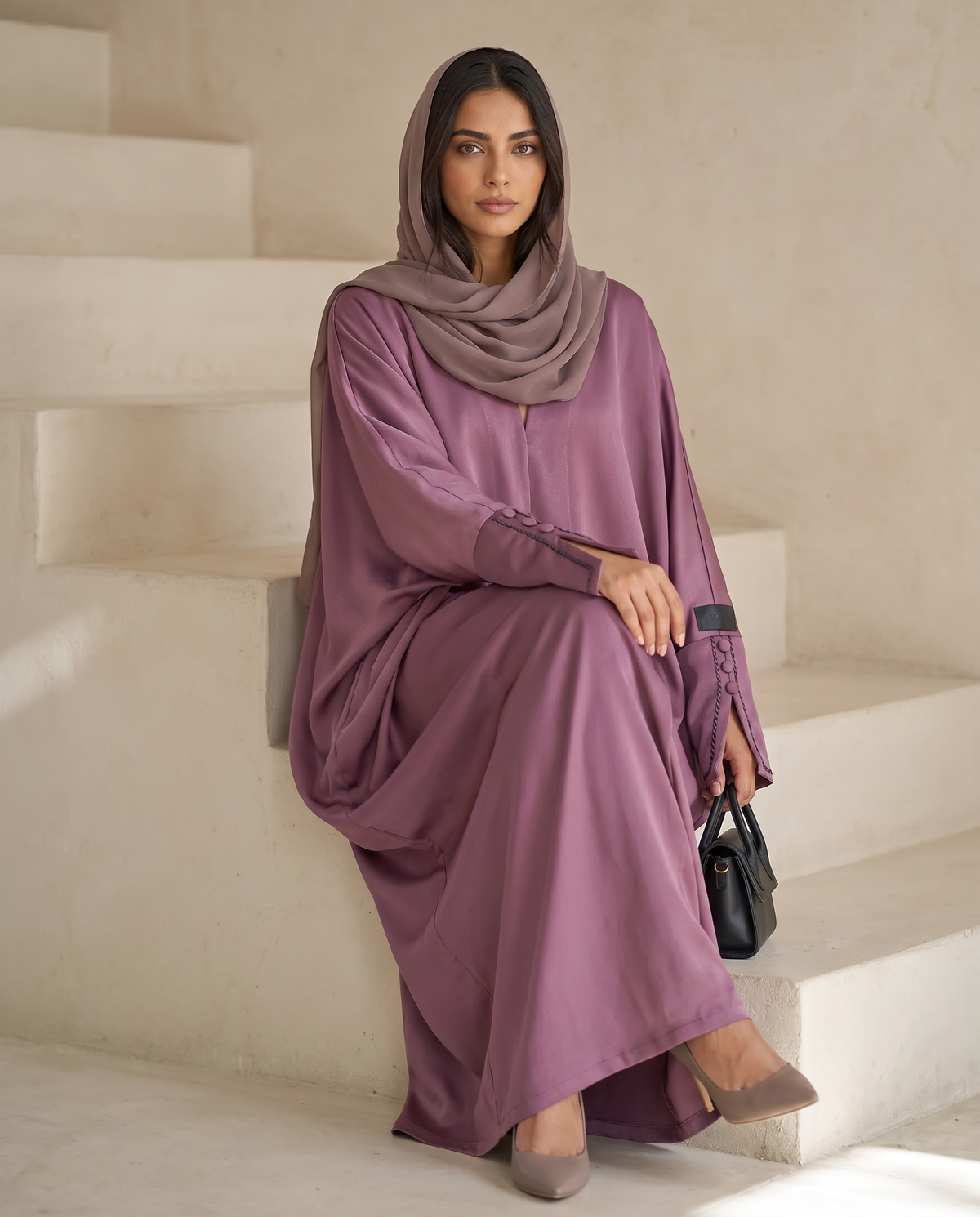 Purple Satin Luxe Abaya with Contrast Cuff Detailing