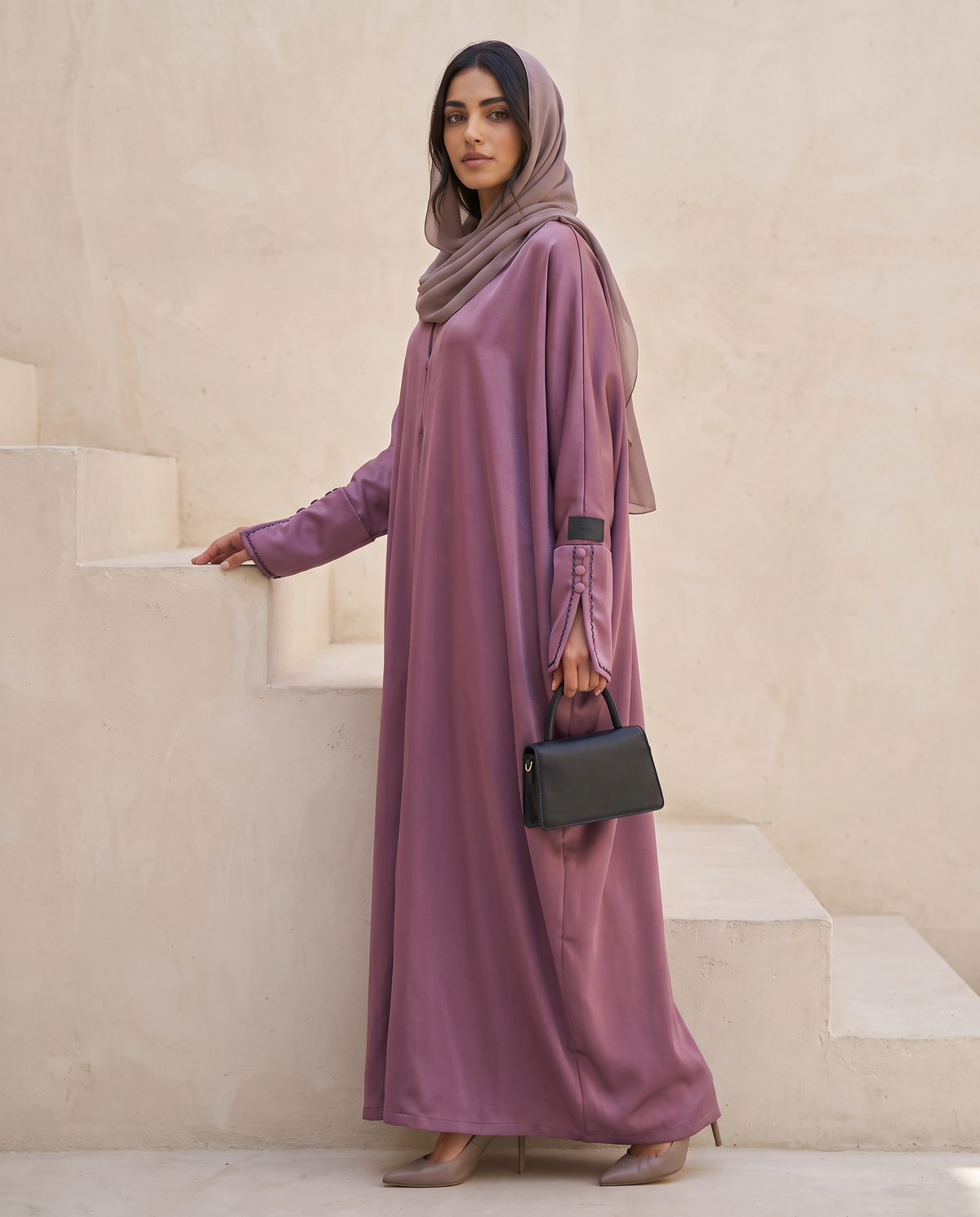 Purple Satin Luxe Abaya with Contrast Cuff Detailing