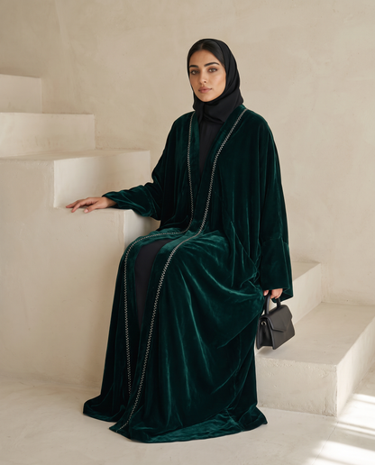 Green Velvet Open Abaya with Front Trim Detail & Back Floral Embroidery