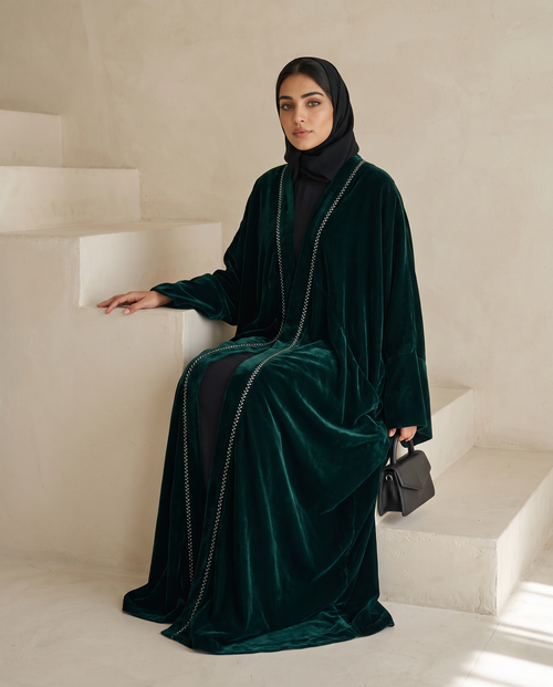 Green Velvet Open Abaya with Front Trim Detail & Back Floral Embroidery – hover image
