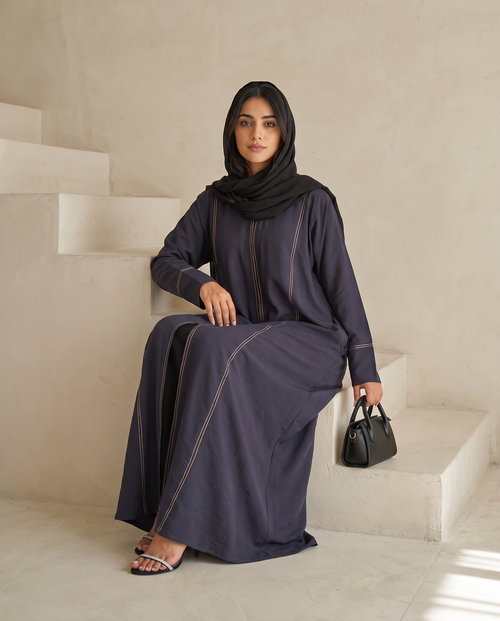 Stitch-Detail Comet Abaya with Front Button Accents – hover image