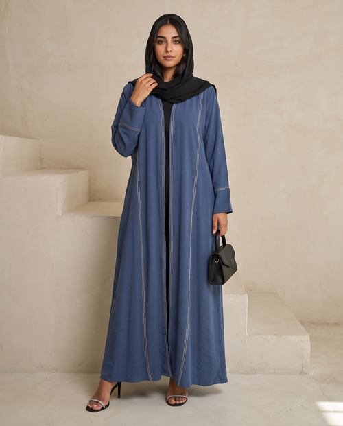 Stitch-Detail Blue Abaya with Front Button Accents