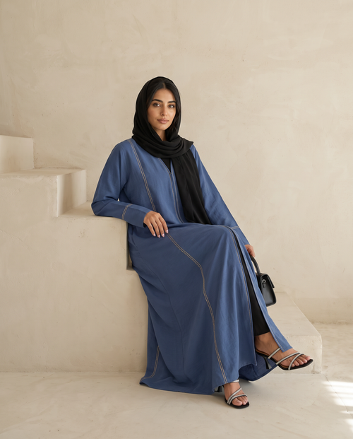 Stitch-Detail Blue Abaya with Front Button Accents – hover image