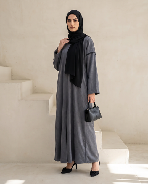 Gray Open Abaya with Velvet Back and Logo Detail