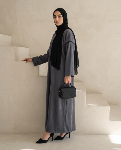 Gray Open Abaya with Velvet Back and Logo Detail