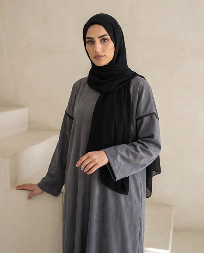 Gray Open Abaya with Velvet Back and Logo Detail