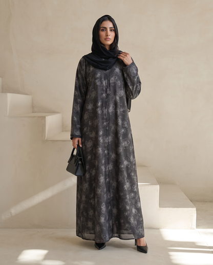 Silver Weldon Blue Printed Abaya with Vintage Floral Overlay