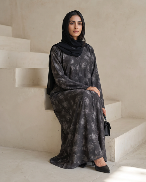 Silver Weldon Blue Printed Abaya with Vintage Floral Overlay – hover image