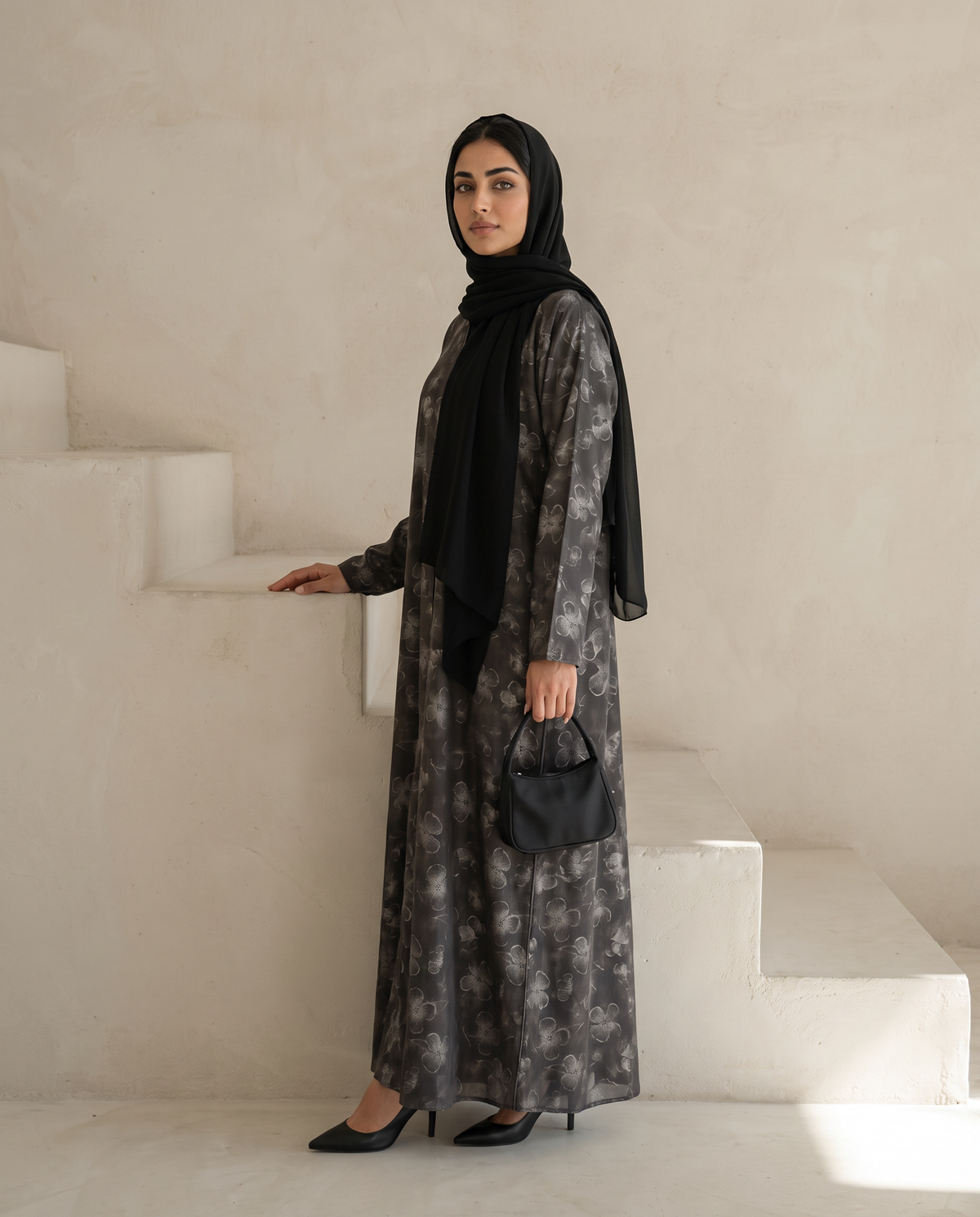 Silver Weldon Blue Printed Abaya with Vintage Floral Overlay